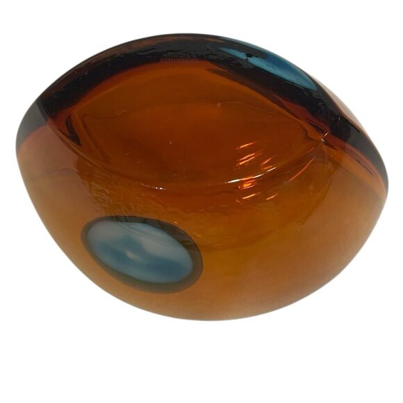 Waterford Evolution Amber Glass Bowl Blue Swirl Signed 6"x8" Luxe Decor - Picture 4 of 10